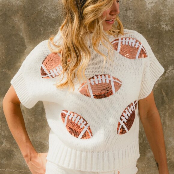 BIBI Football Sequin Knit Sweater White Short Sleeve Tailgate Game Day Top - Picture 7 of 11